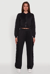 Womens Ruffle Chiffon Organza Long Sleeve Zip Front Jacket, Black, Size XL