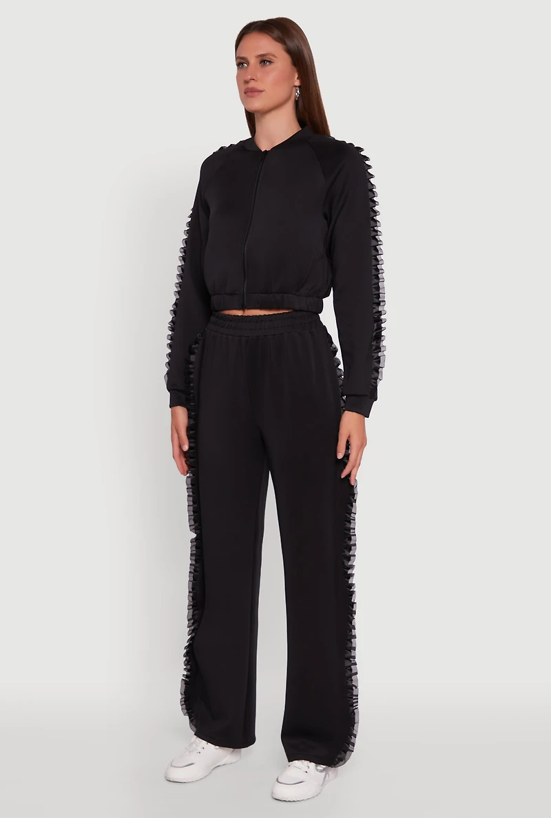 Womens Ruffle Chiffon Organza Long Sleeve Zip Front Jacket, Black, Size XL