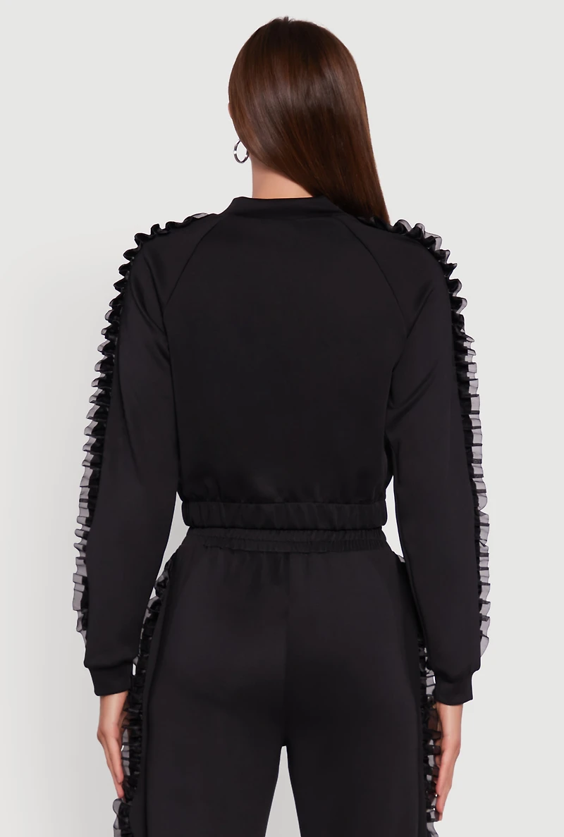 Womens Ruffle Chiffon Organza Long Sleeve Zip Front Jacket, Black, Size XL