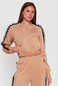 Womens Ruffle Chiffon Organza Long Sleeve Zip Front Jacket, Beige, Size L