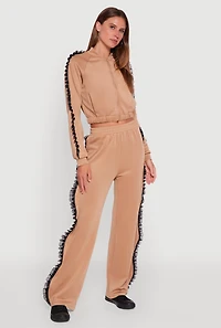 Womens Ruffle Chiffon Organza Long Sleeve Zip Front Jacket, Beige, Size L