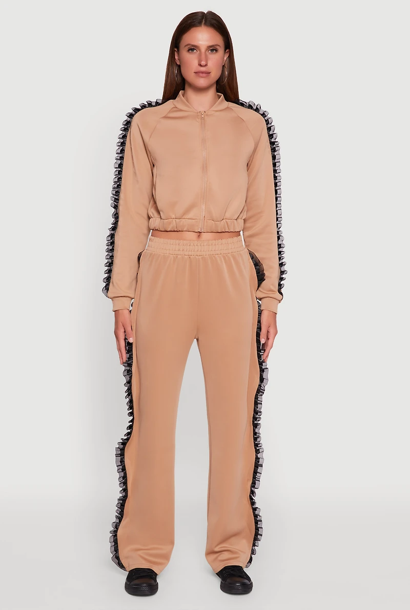 Womens Ruffle Chiffon Organza Long Sleeve Zip Front Jacket, Beige, Size L