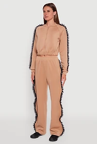 Womens Ruffle Chiffon Organza Long Sleeve Zip Front Jacket, Beige, Size L
