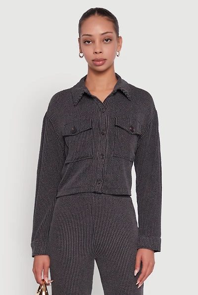 Womens Rib Knit Shadow Stripe Button Front Cropped Shirt,