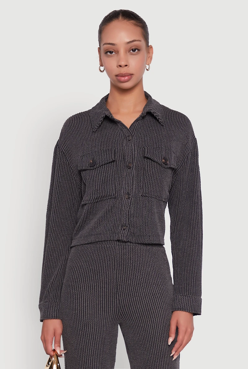 Womens Rib Knit Shadow Stripe Button Front Cropped Shirt, Grey, Size S