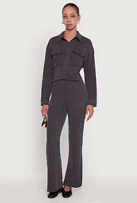 Womens Rib Knit Shadow Stripe Button Front Cropped Shirt, Grey, Size S