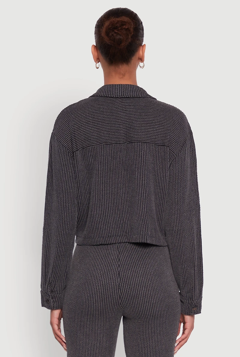 Womens Rib Knit Shadow Stripe Button Front Cropped Shirt, Grey, Size S