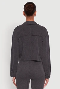 Womens Rib Knit Shadow Stripe Button Front Cropped Shirt, Grey, Size S