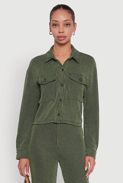 Womens Rib Knit Shadow Stripe Button Front Cropped Shirt,