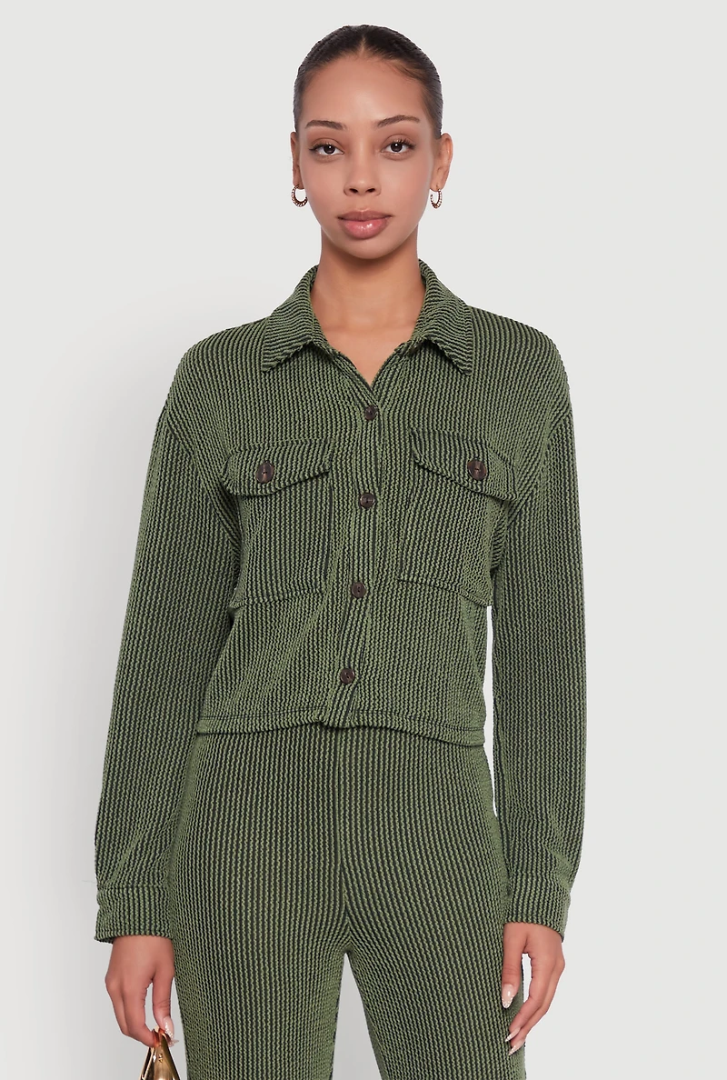 Womens Rib Knit Shadow Stripe Button Front Cropped Shirt, S
