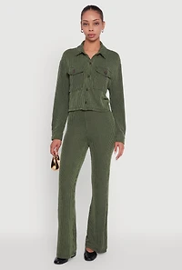 Womens Rib Knit Shadow Stripe Button Front Cropped Shirt,