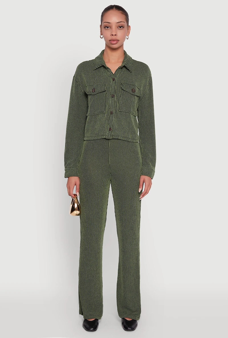 Womens Rib Knit Shadow Stripe Button Front Cropped Shirt, Green,