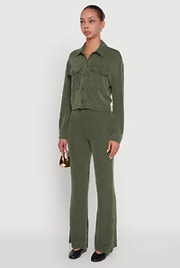 Womens Rib Knit Shadow Stripe Button Front Cropped Shirt,