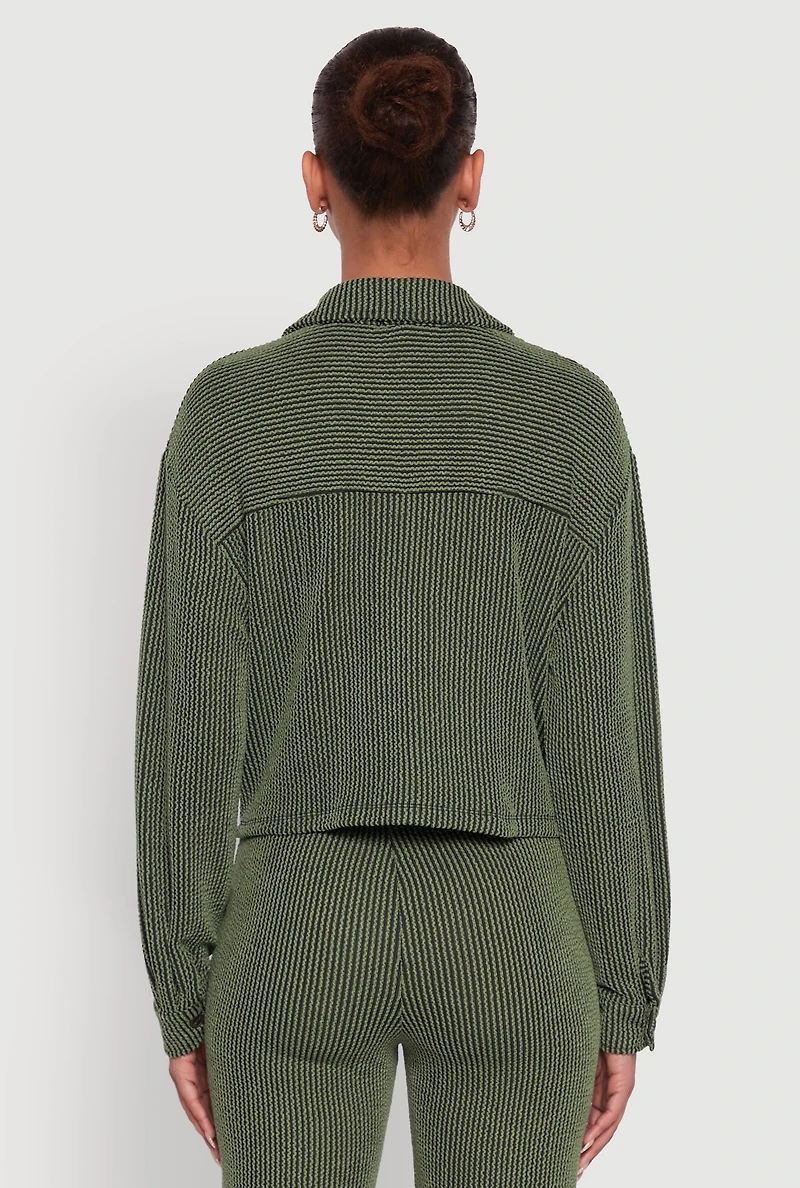 Womens Rib Knit Shadow Stripe Button Front Cropped Shirt, Green,