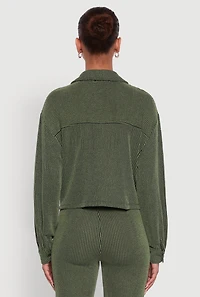 Womens Rib Knit Shadow Stripe Button Front Cropped Shirt, Green,