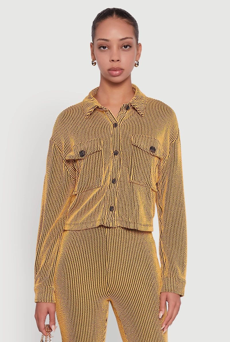 Womens Rib Knit Shadow Stripe Button Front Cropped Shirt, Yellow, Size M