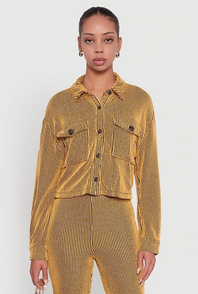 Womens Rib Knit Shadow Stripe Button Front Cropped Shirt, Yellow, Size M
