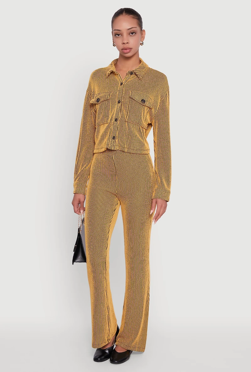 Womens Rib Knit Shadow Stripe Button Front Cropped Shirt, Yellow, Size M