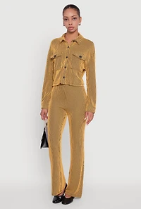 Womens Rib Knit Shadow Stripe Button Front Cropped Shirt, Yellow, Size M