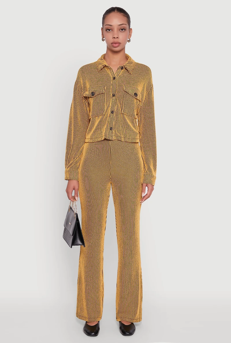 Womens Rib Knit Shadow Stripe Button Front Cropped Shirt, Yellow, Size M
