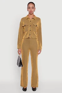 Womens Rib Knit Shadow Stripe Button Front Cropped Shirt, Yellow, Size M