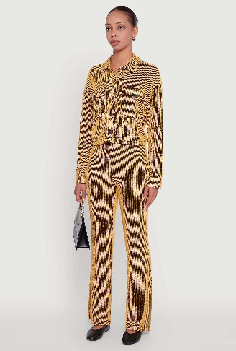 Womens Rib Knit Shadow Stripe Button Front Cropped Shirt, Yellow, Size M