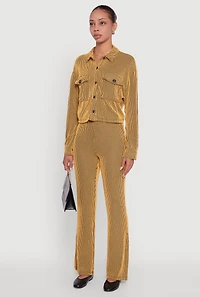 Womens Rib Knit Shadow Stripe Button Front Cropped Shirt, Yellow, Size M