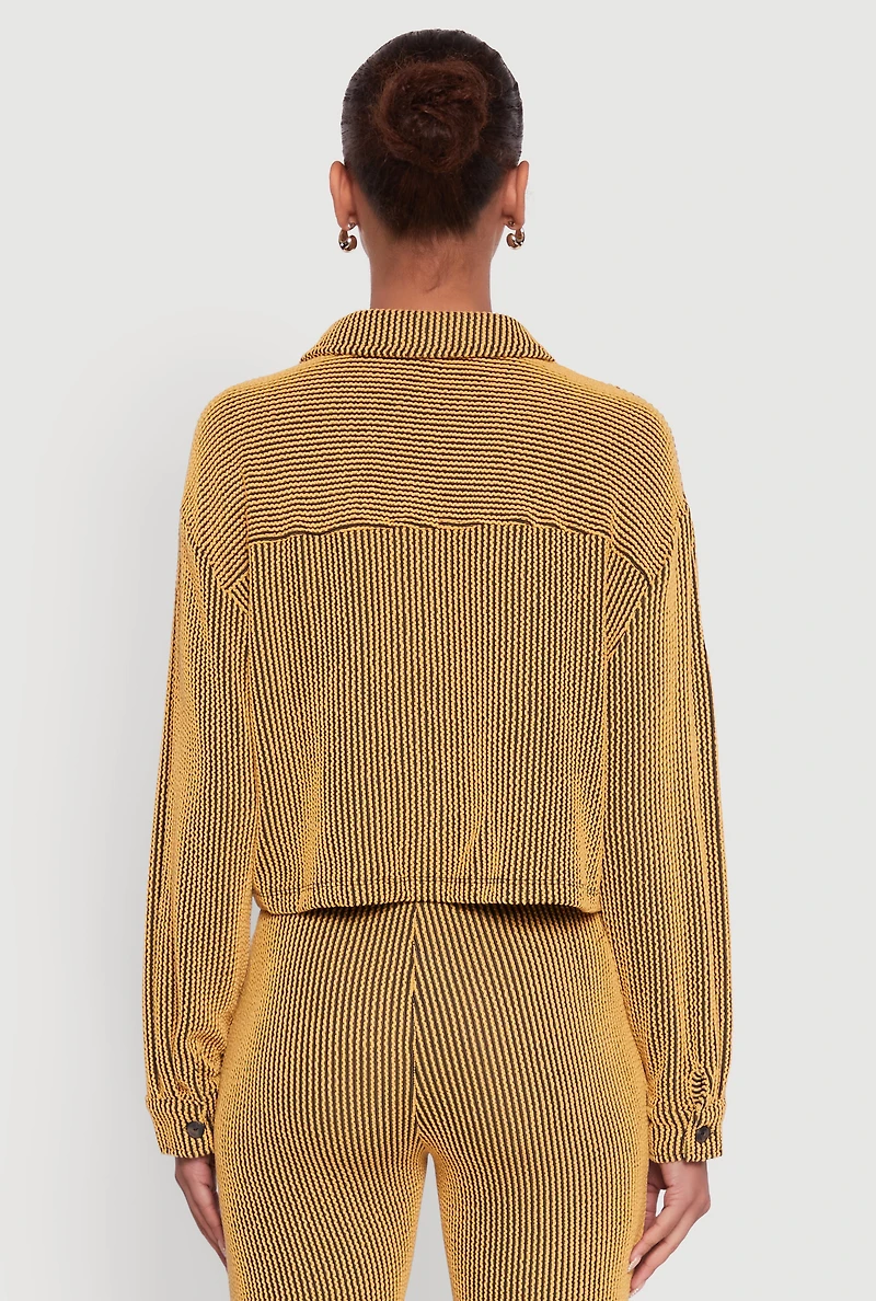 Womens Rib Knit Shadow Stripe Button Front Cropped Shirt, Yellow, Size M