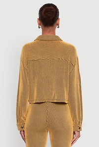 Womens Rib Knit Shadow Stripe Button Front Cropped Shirt, Yellow, Size M