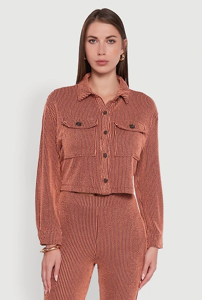 Womens Rib Knit Shadow Stripe Button Front Cropped Shirt, Orange, Size L