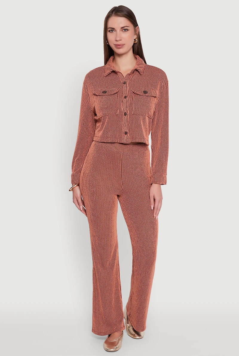 Womens Rib Knit Shadow Stripe Button Front Cropped Shirt, Orange, Size L