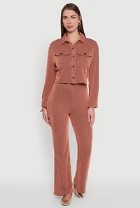 Womens Rib Knit Shadow Stripe Button Front Cropped Shirt, Orange, Size L