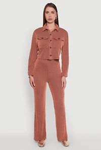 Womens Rib Knit Shadow Stripe Button Front Cropped Shirt, Orange, Size L
