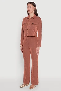 Womens Rib Knit Shadow Stripe Button Front Cropped Shirt, Orange, Size L