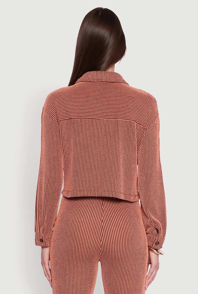 Womens Rib Knit Shadow Stripe Button Front Cropped Shirt, Orange, Size L