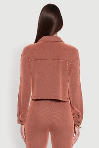 Womens Rib Knit Shadow Stripe Button Front Cropped Shirt, Orange, Size L