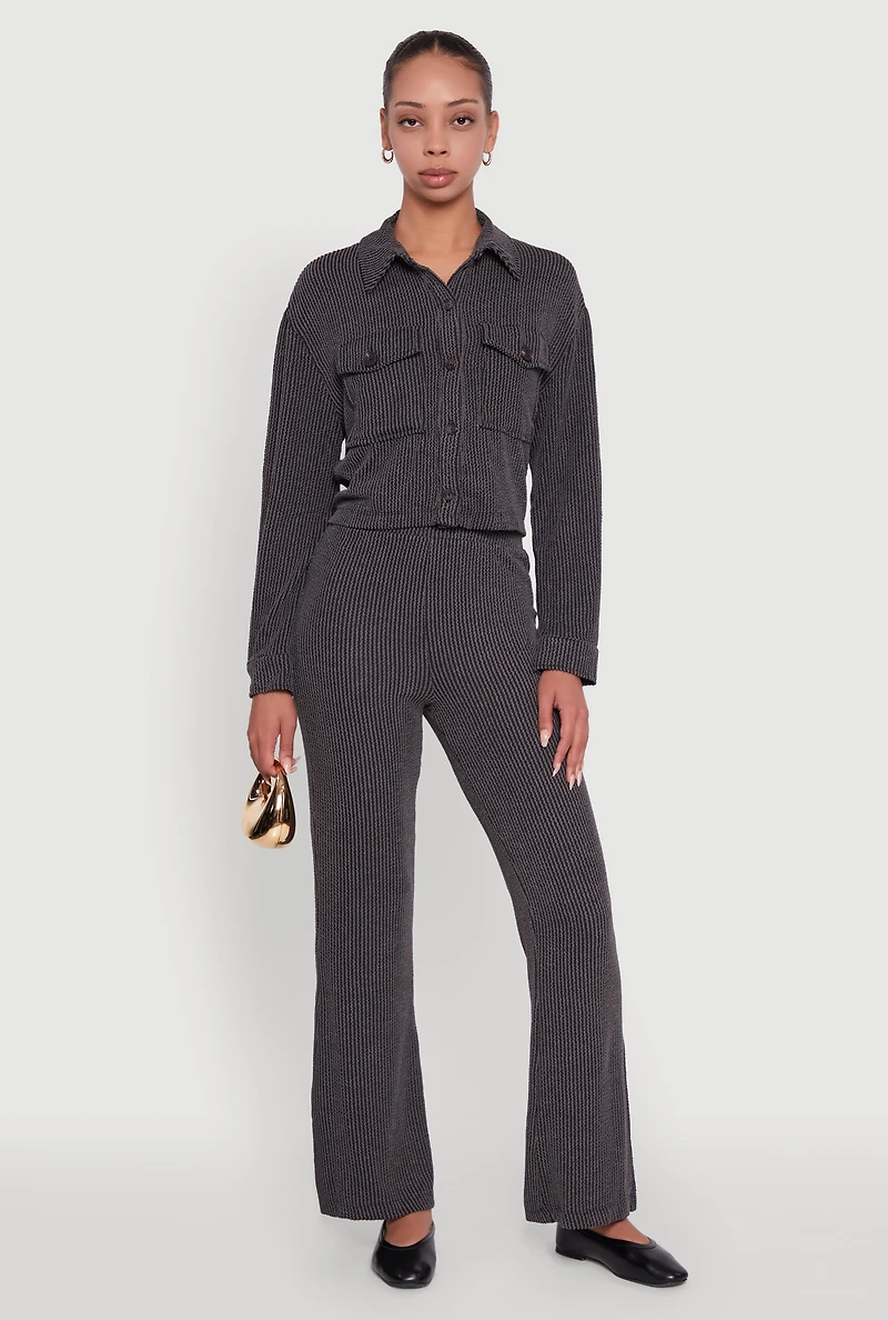 Shadow Stripe Rib Knit Pull On Flare Pants