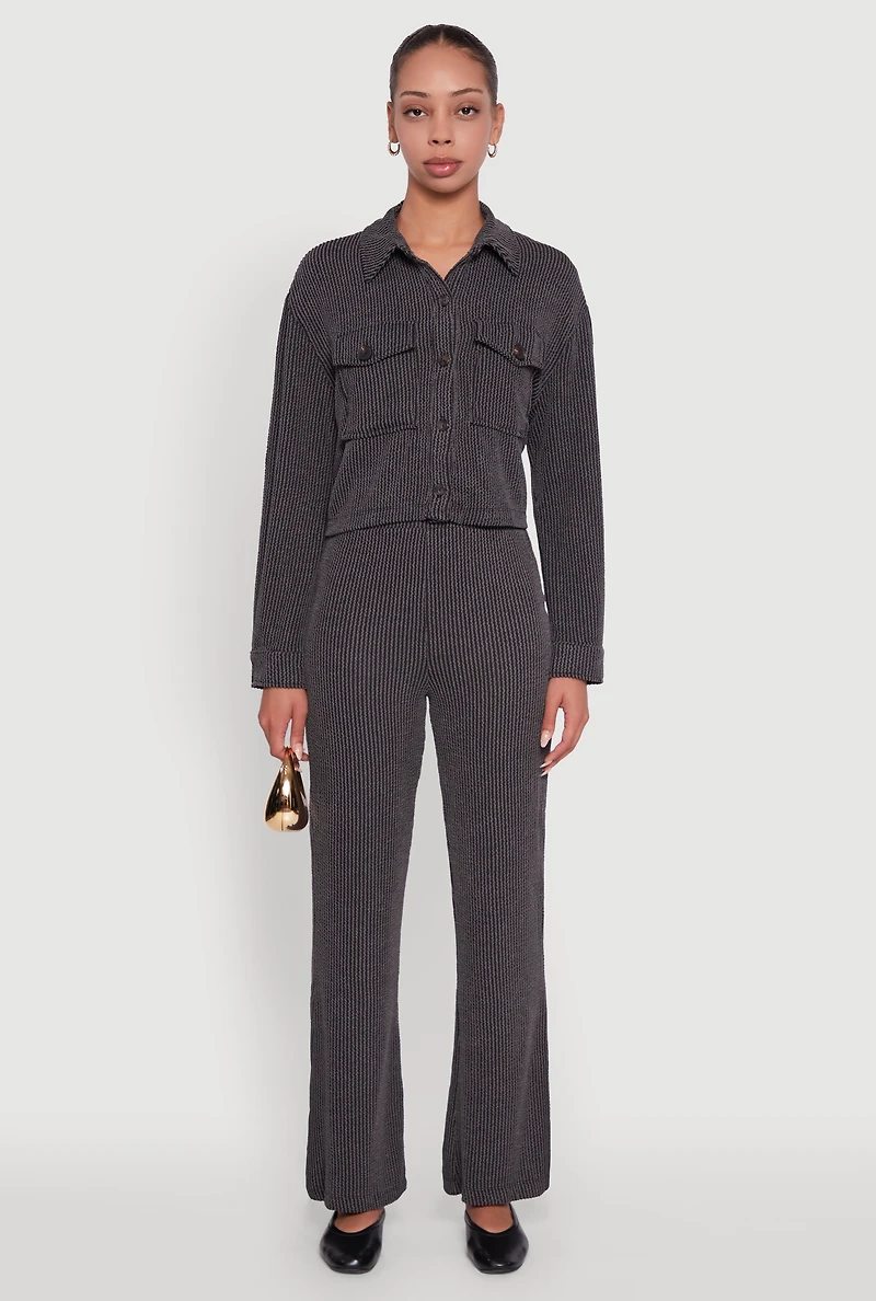 Womens Shadow Stripe Rib Knit Pull On Flare Pants,