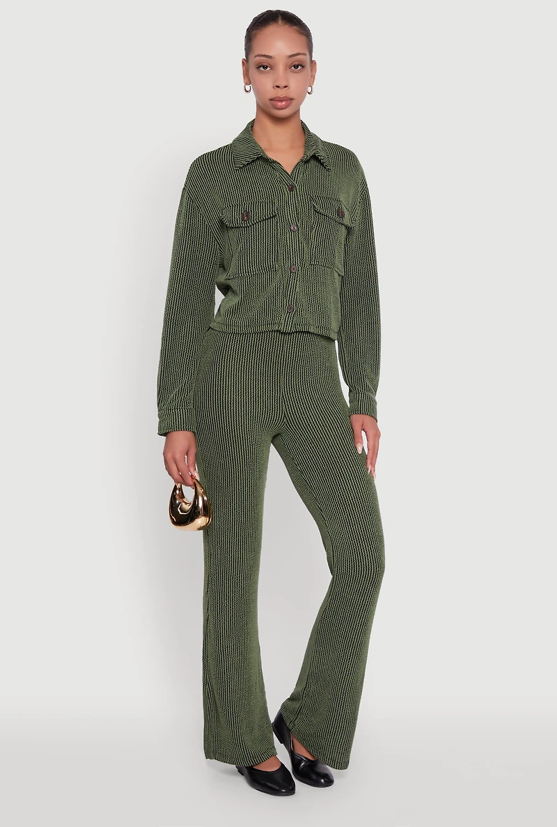 Womens Shadow Stripe Rib Knit Pull On Flare Pants, Green,