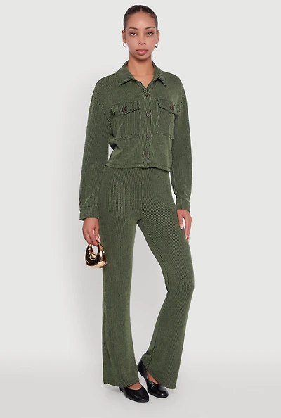 Womens Shadow Stripe Rib Knit Pull On Flare Pants, Green,