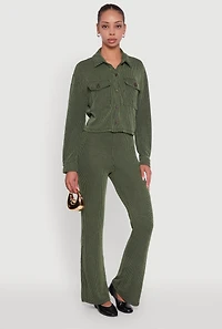 Womens Shadow Stripe Rib Knit Pull On Flare Pants, Green,