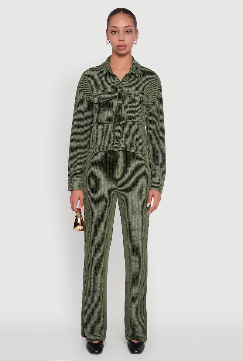 Womens Shadow Stripe Rib Knit Pull On Flare Pants, Green,