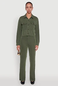 Womens Shadow Stripe Rib Knit Pull On Flare Pants, Green,