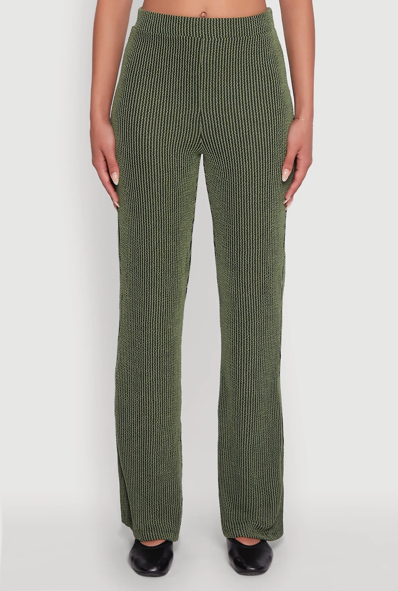 Womens Shadow Stripe Rib Knit Pull On Flare Pants, Green,