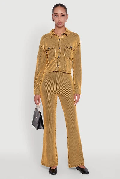 Womens Shadow Stripe Rib Knit Pull On Flare Pants, Yellow,