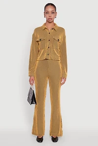 Womens Shadow Stripe Rib Knit Pull On Flare Pants, Yellow,