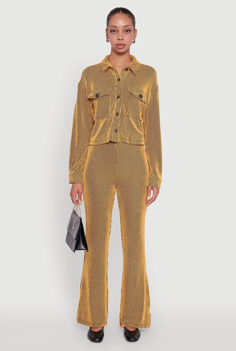 Womens Shadow Stripe Rib Knit Pull On Flare Pants, Yellow, Size M