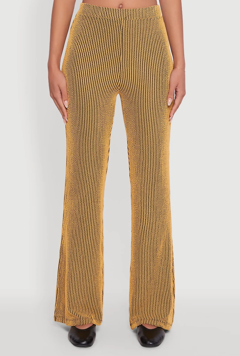 Womens Shadow Stripe Rib Knit Pull On Flare Pants, Yellow, Size L