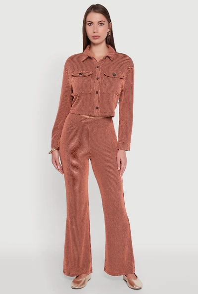 Womens Shadow Stripe Rib Knit Pull On Flare Pants, Orange,