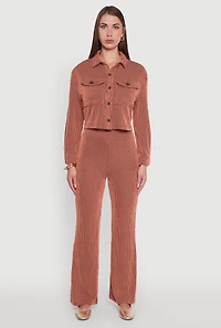 Womens Shadow Stripe Rib Knit Pull On Flare Pants, Orange,